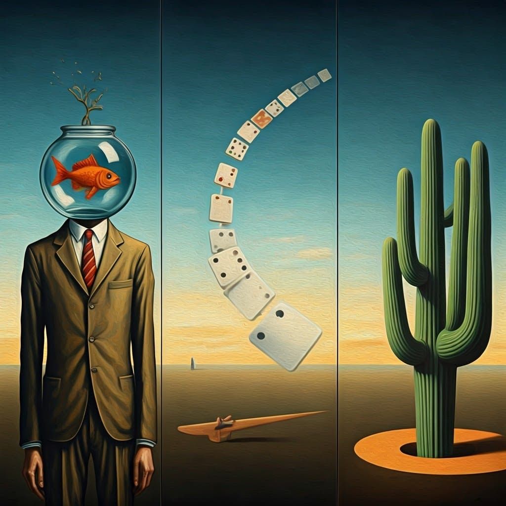 Surrealist Triptych: Fishbowl Man, Flying Dominoes, Cacti