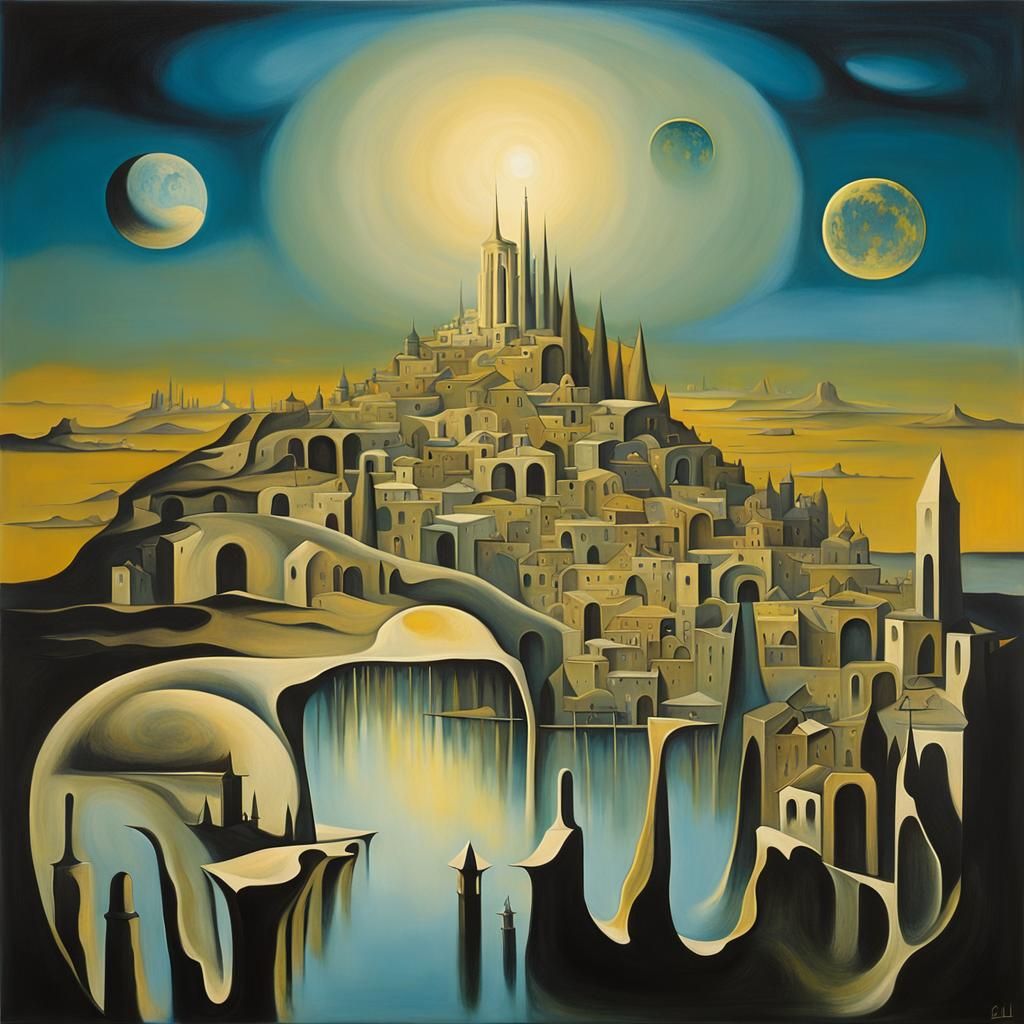 Surreal Invisible Cities in Moonlight, Dali Style