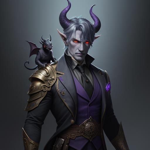 Tiefling in Suit with Dragon, Dark Fantasy Art