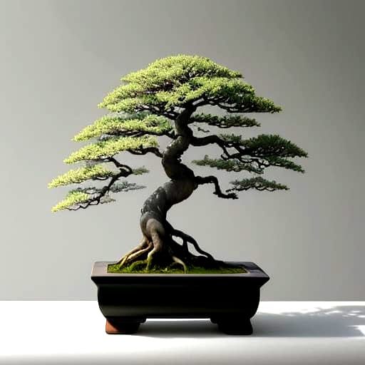 Ancient Bonsai Tree in Soft Light, Japanese Ink Wash Style