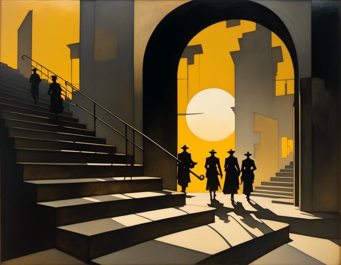 Dystopian Stairway with Androids at Sunset