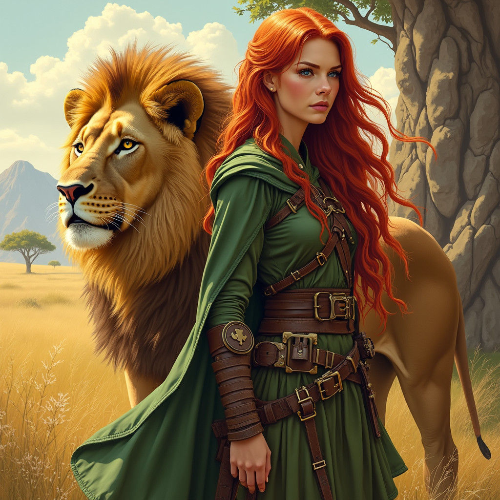 Female Ranger and Lion in Fantasy Art Style