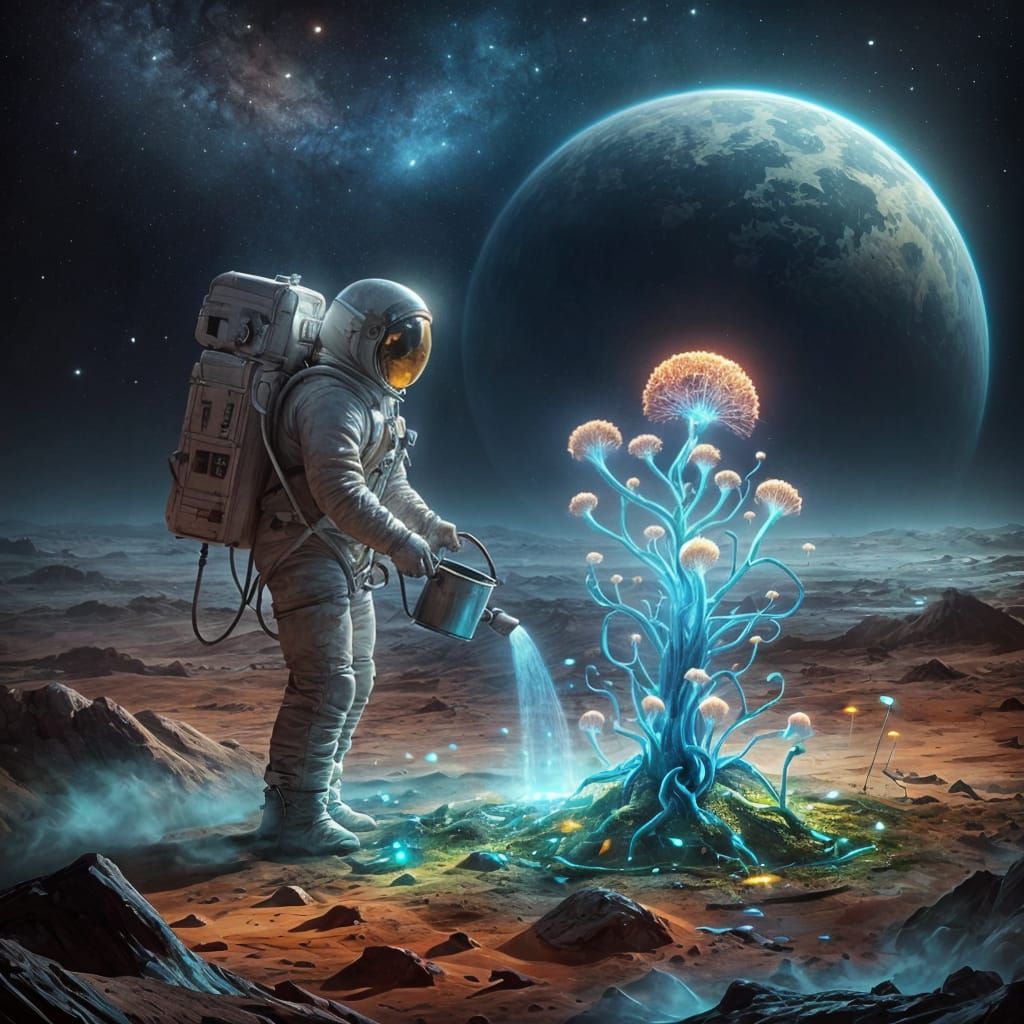 Astronaut Tends Alien Garden on Mars with Earth View