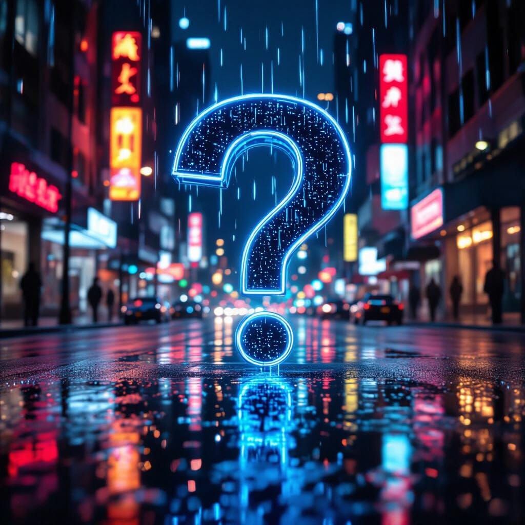 Chrome Question Mark With Blue Line Over Neon City Street