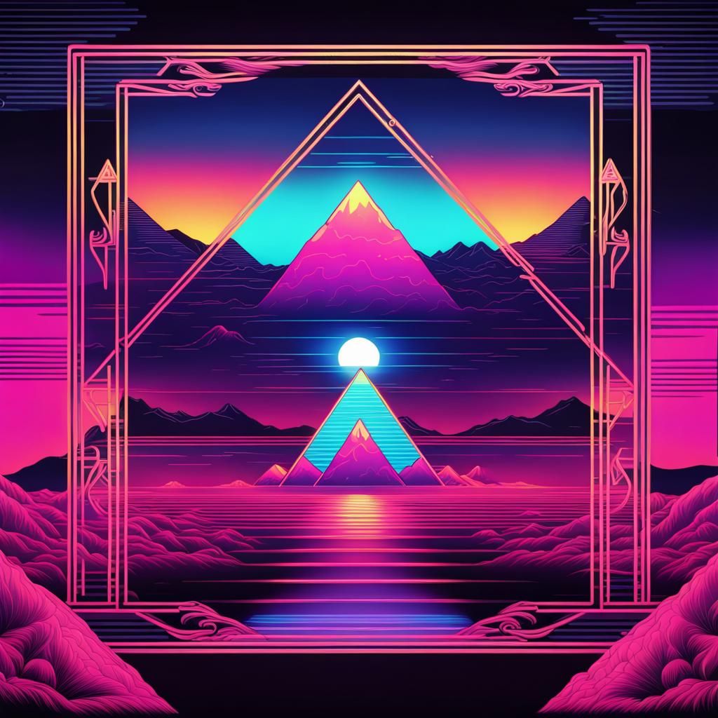 Vaporwave Landscape with Art Nouveau Frame