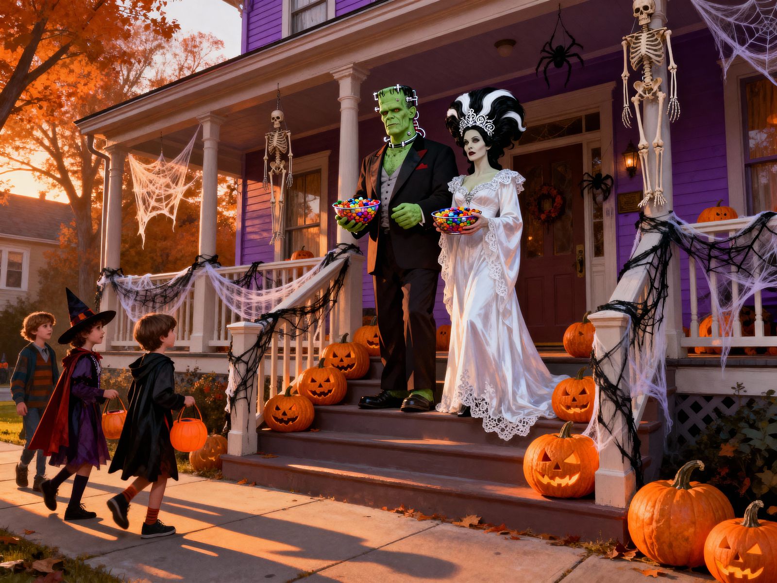 Frankenstein's Monster & Bride with Candy on Victorian Porch