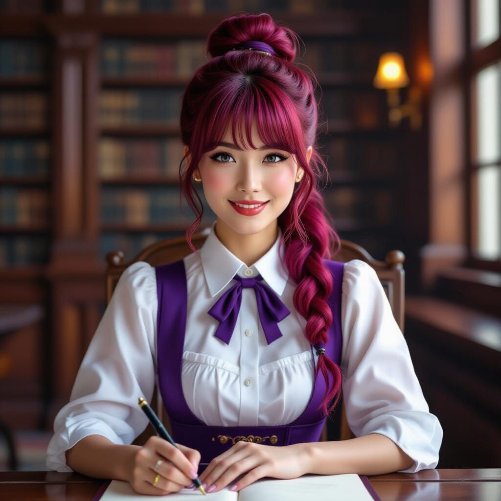 Asian Woman in Library Writing, Detailed Portrait