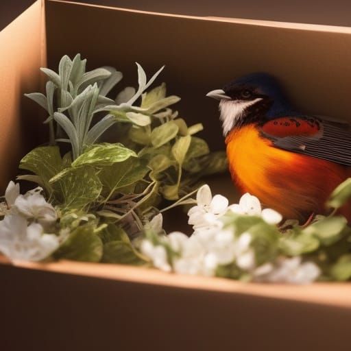 Bird Sleeping in Box: Hyperdetailed Concept Art