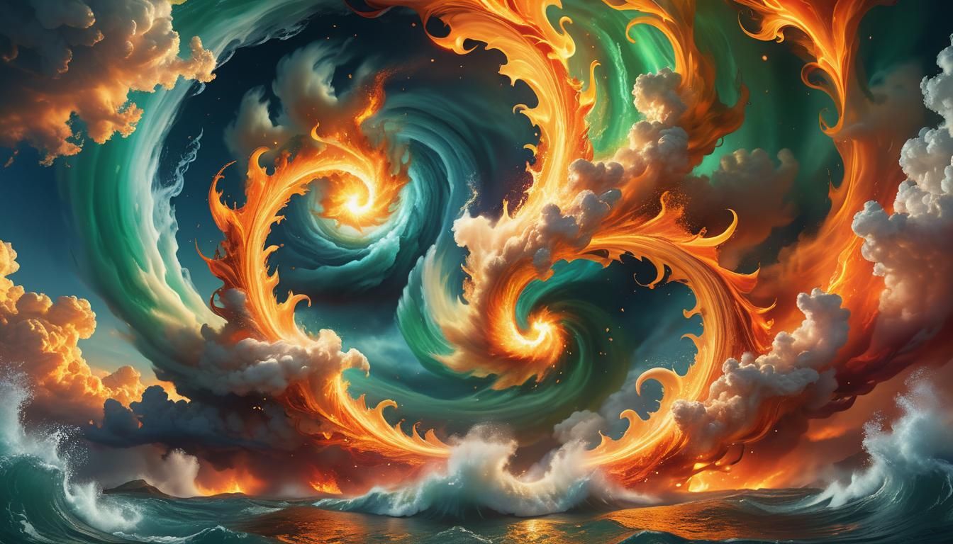 Elemental Vortex: Fire, Water, and Air in Surreal Art