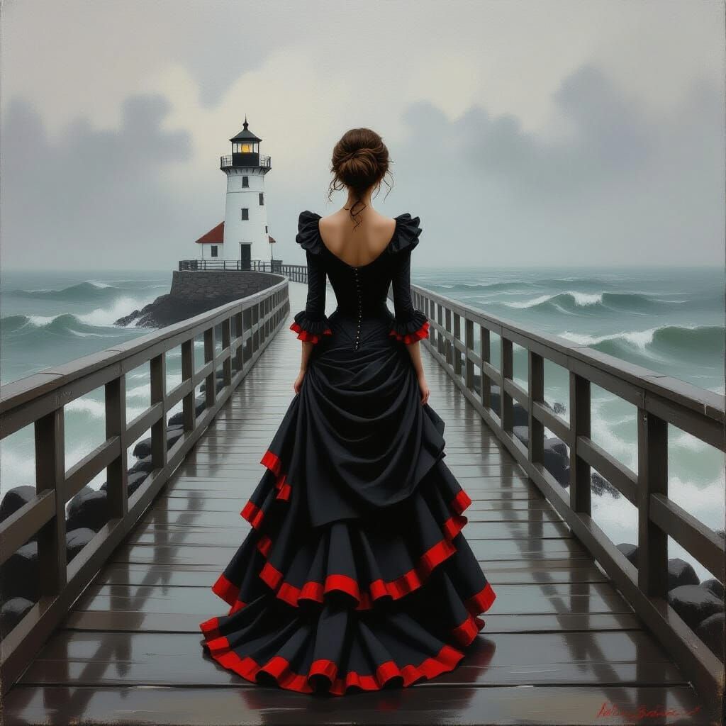 Woman on Pier Gazing at Lighthouse as Oil Painting