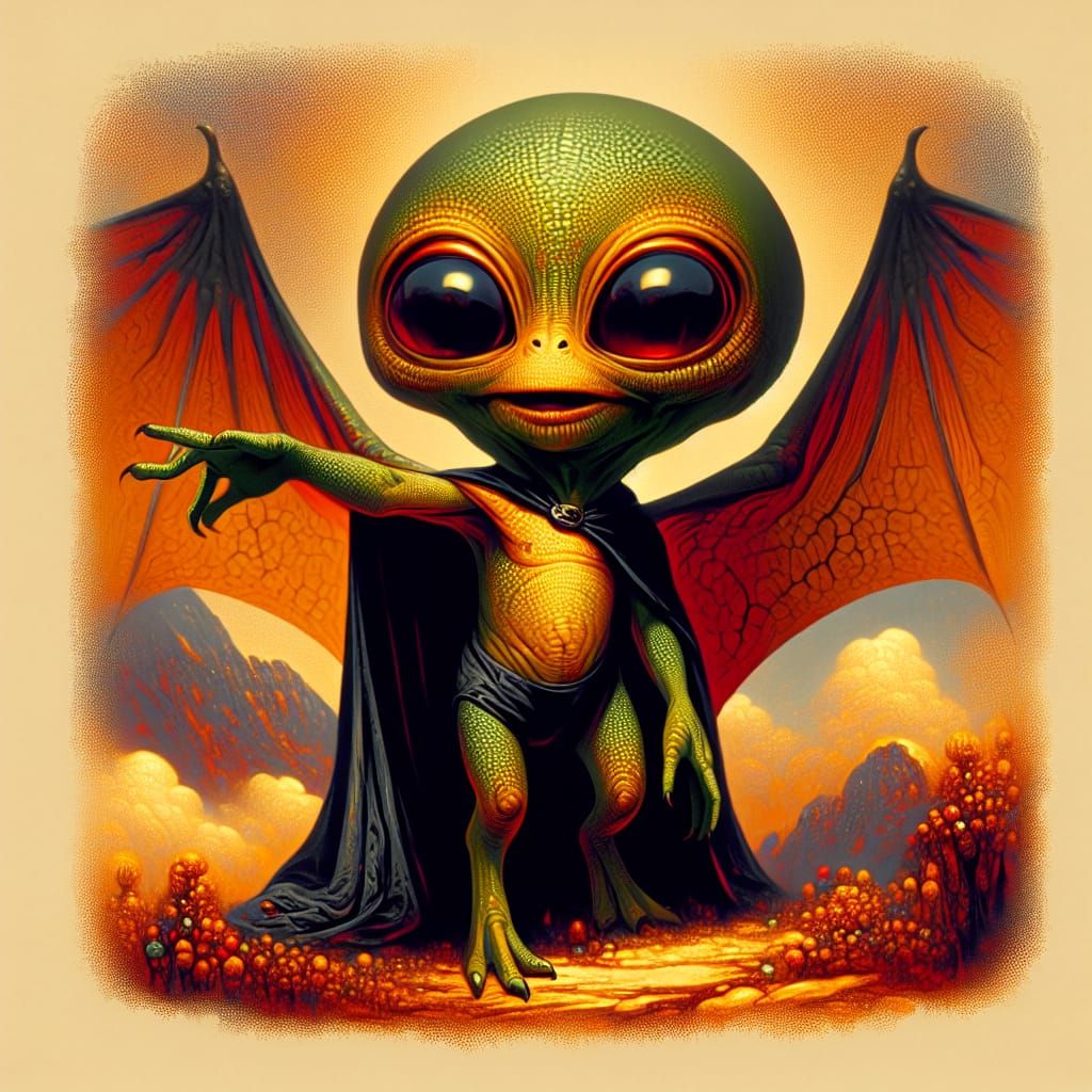 Blissful Flying Alien Soaring Over Mountain Peak