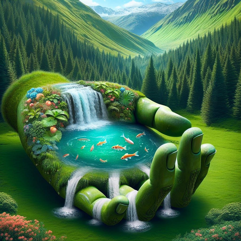 An enormous intricately designed five fingered hand with a m...