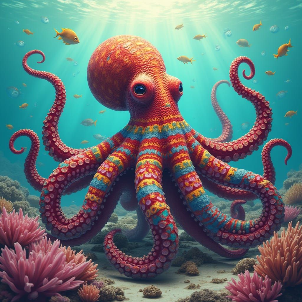 Octopus in Striped Socks Sits on Vibrant Coral Reef