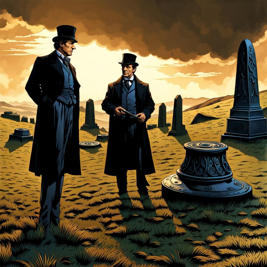 Sherlock Holmes and Dr Watson inspecting a stone circle with a carved stone altar table hyperdetailed intricately detail...