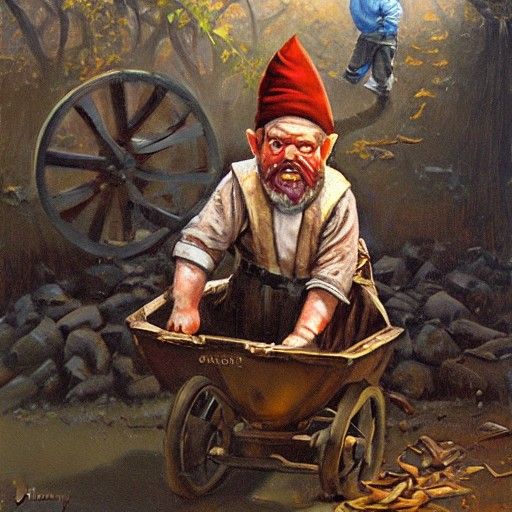 Evil Gnome with Wheelbarrow, Oil Painting