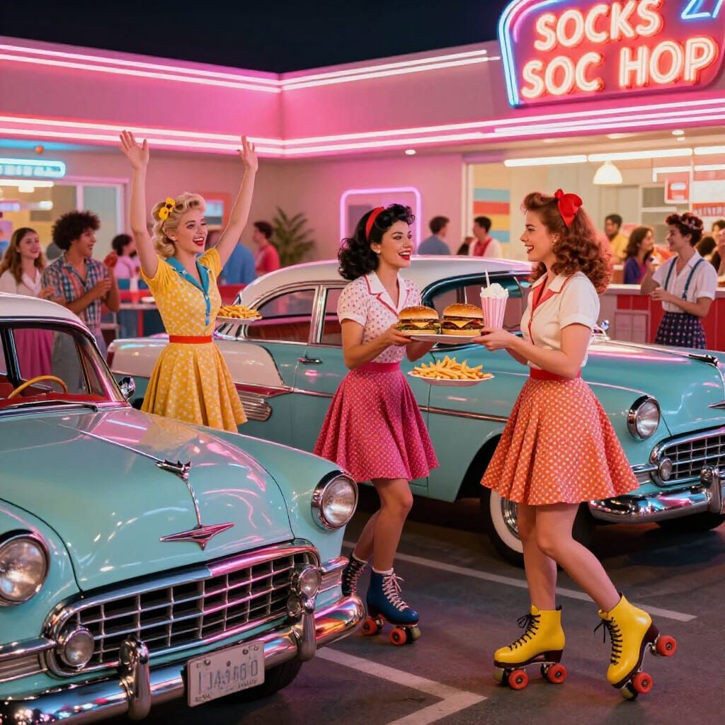 1950s Sock Hop Burger Joint with Neon Glow and Roller Skatin...
