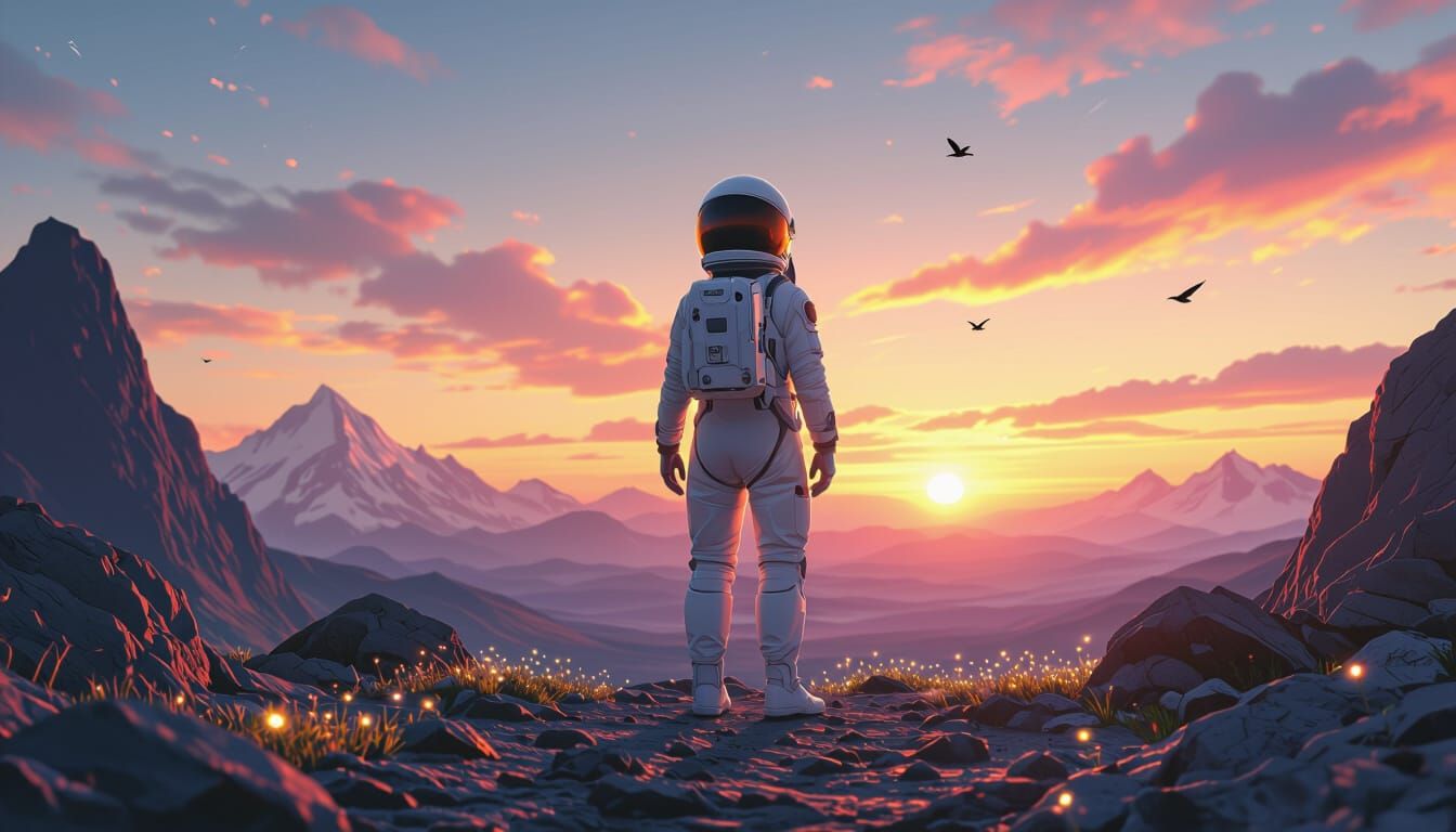 Astronaut on Alien Planet at Sunrise: Digital Art