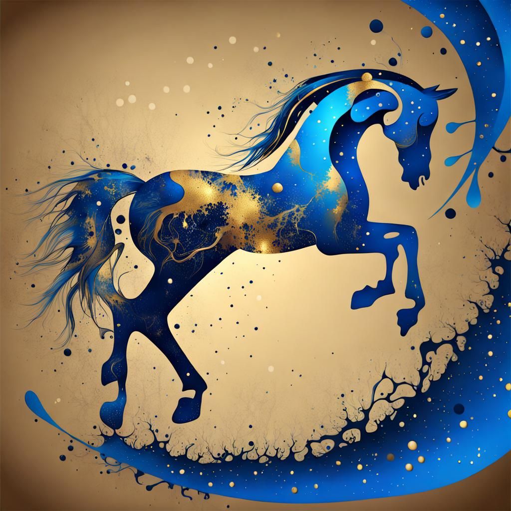 Neo-Primitivism Horse with Golden Ink Splashes