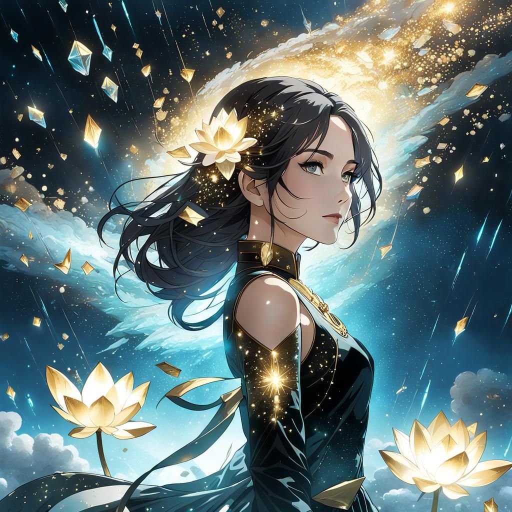 Crystal Lotus with Glitter Rain and Starry Sky
