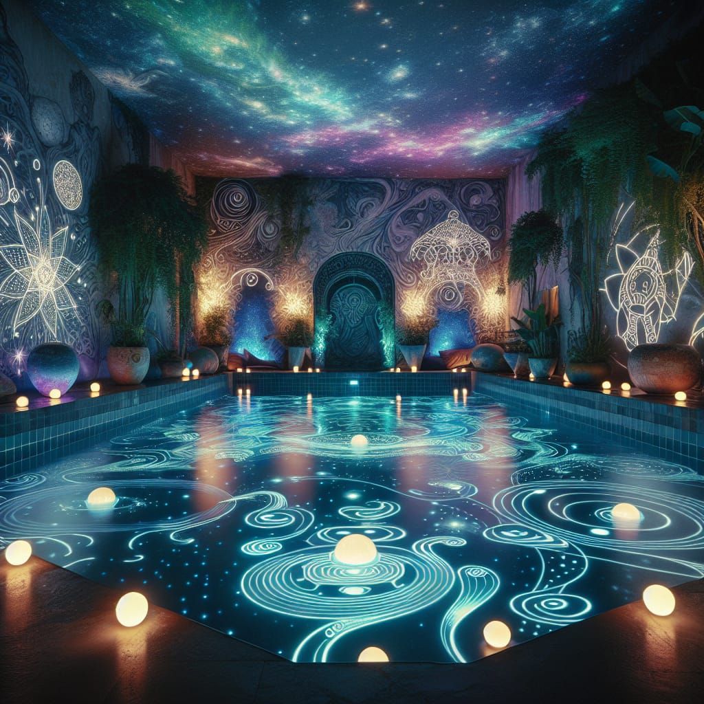 Surreal Pool Scene with Glowing Celestial Designs