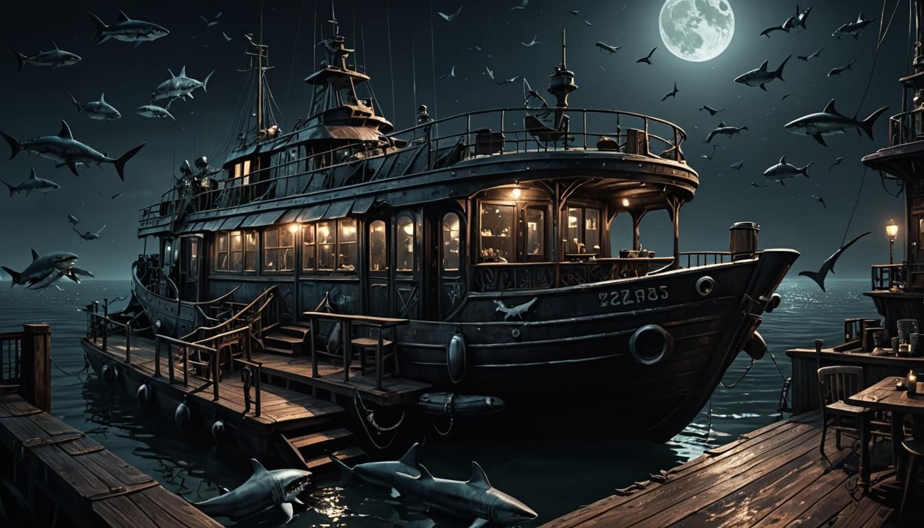 Night Cafe on Boat Surrounded by Sharks: Low Poly 3D Art