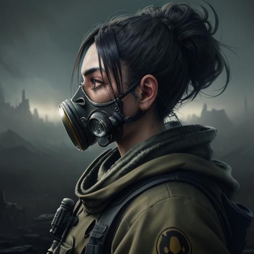 A close-up portrait in profile of a woman in a gas mask alon...