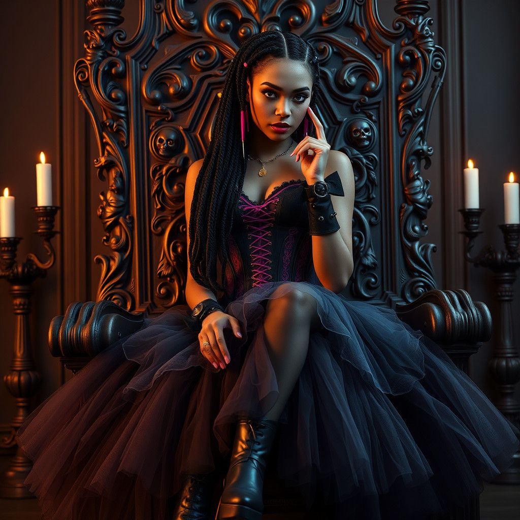Majestic Gothic Woman on Dark Mahogany Throne