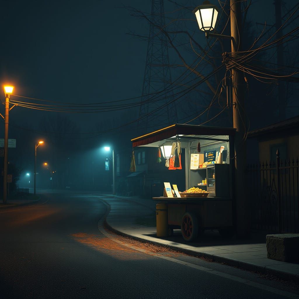 Street Food Stall under Glowing Street Lamps at Night, Detai...