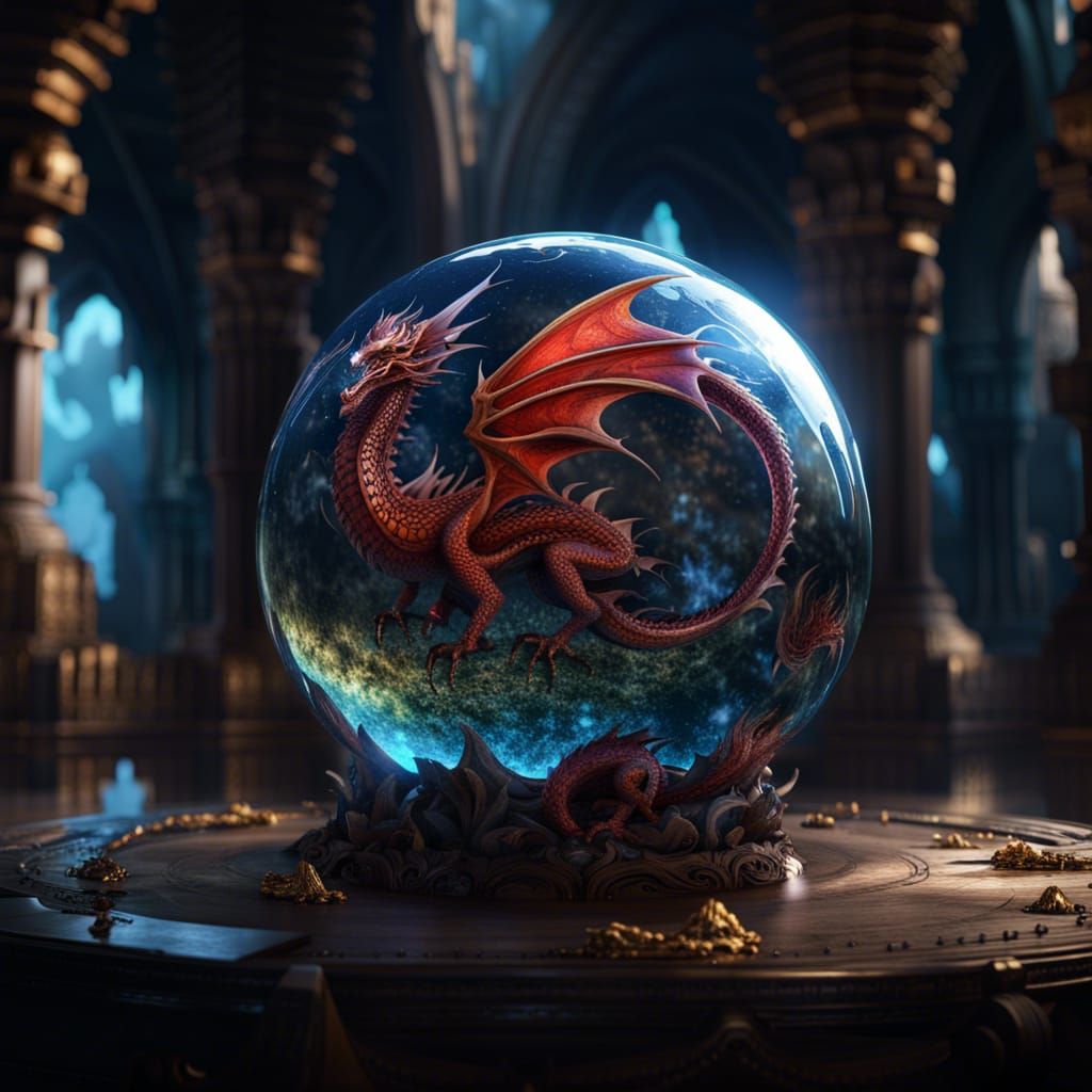Dragon in Reflective Sphere: Detailed Fantasy Art