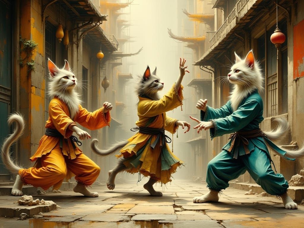 Anthropomorphic Cats in Comical Martial Arts Fight