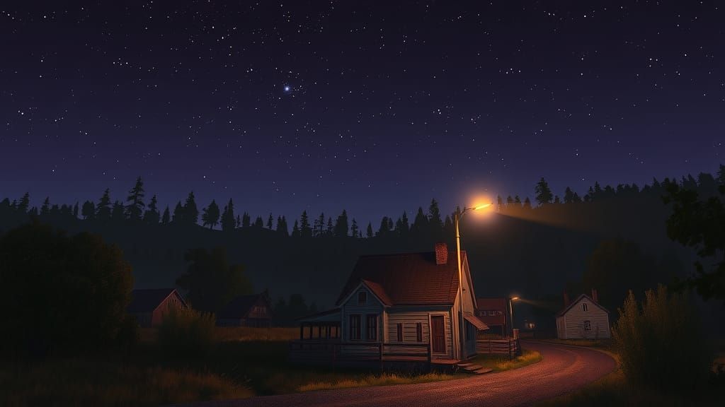 Night Village Under Stars: A Dark Fantasy Scene