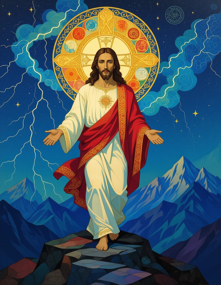 Cosmic Christ Walking Over Mountains in Klimt-Max Style