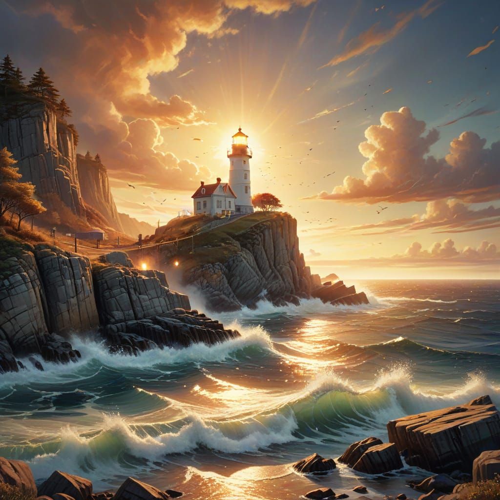 Coastal Lighthouse in Dreamy Watercolor Style