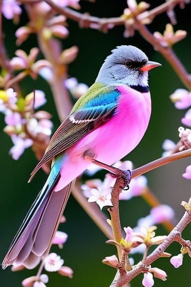 Neon Bird on Branch with Flowers