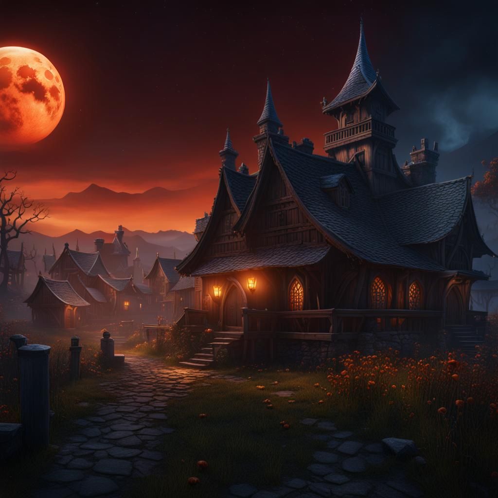 Haunted Village Under Lunar Eclipse: Fantasy Art
