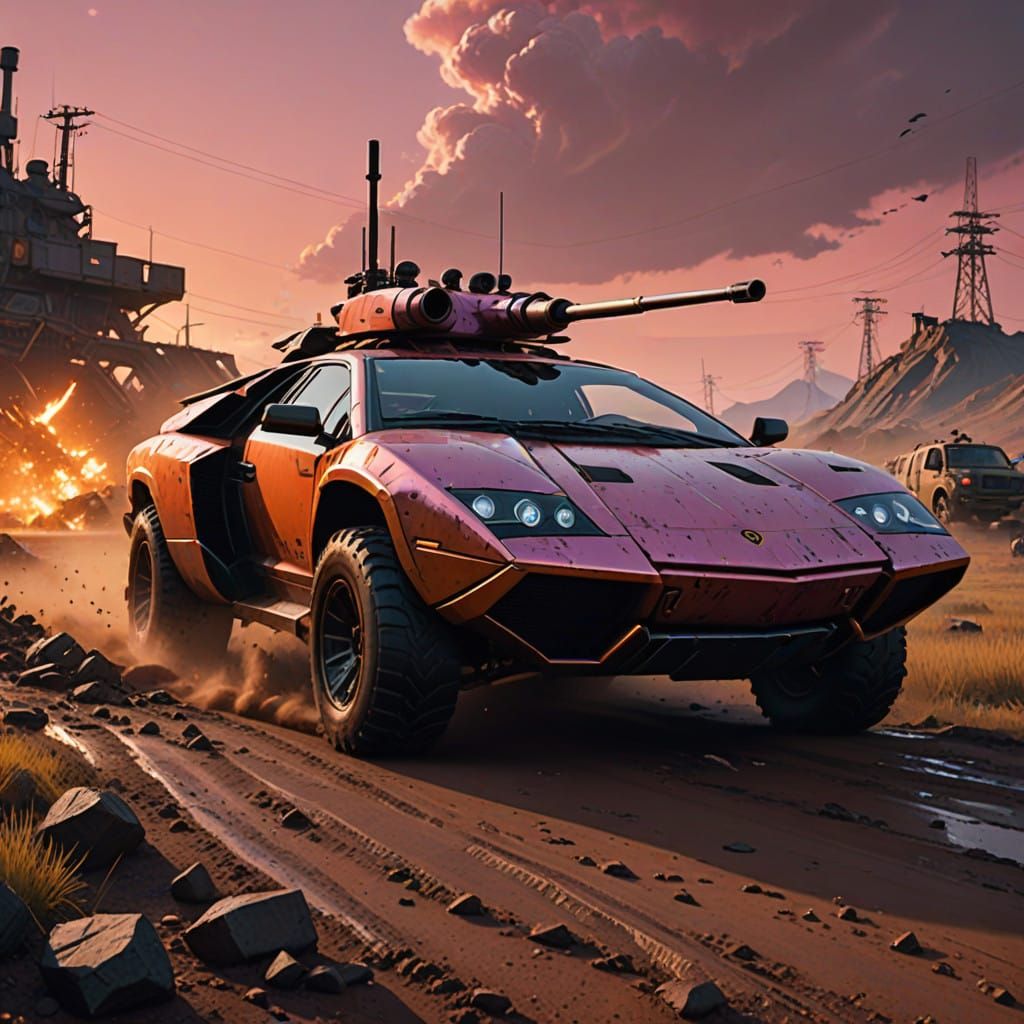 Cyberpunk Battletank Drifts Over Glowing Mudland in Futurist...