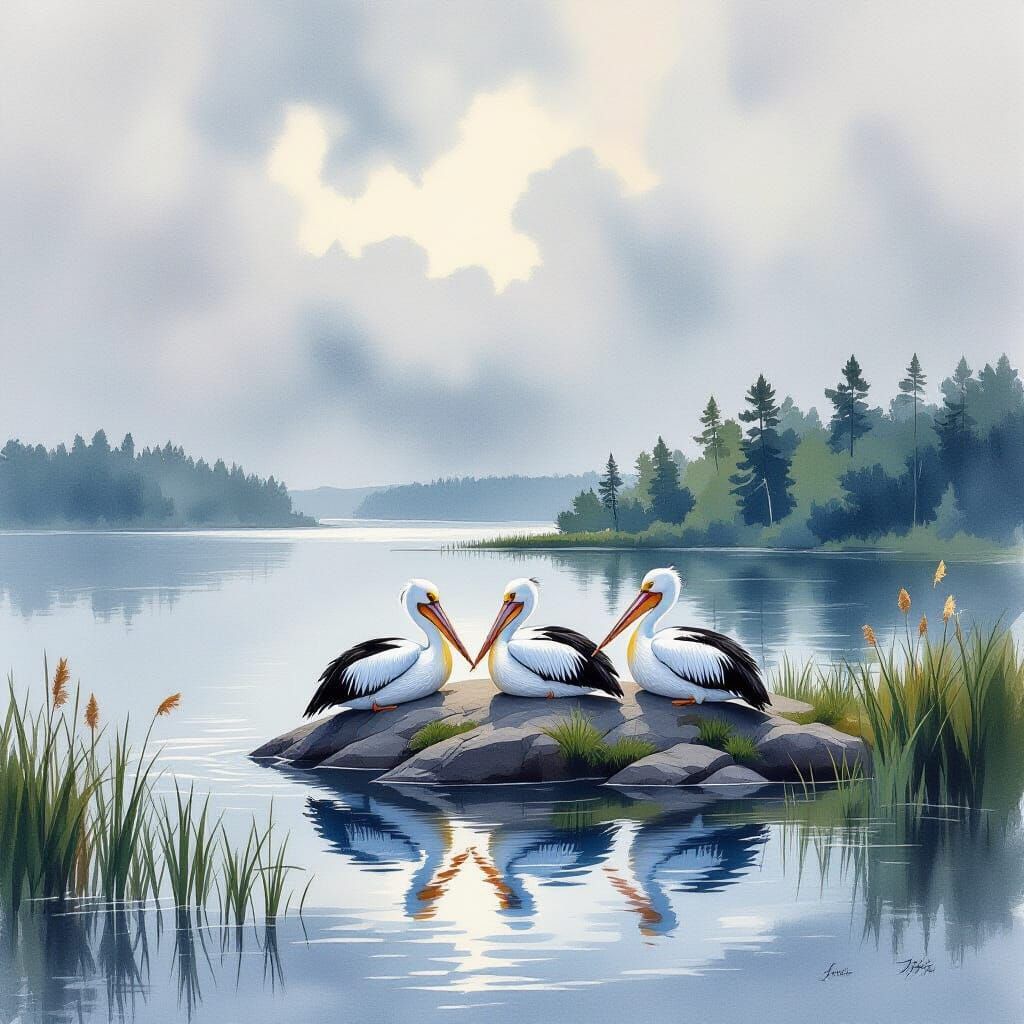 Majestic Pelicans on Serene Lake in Moody Watercolour