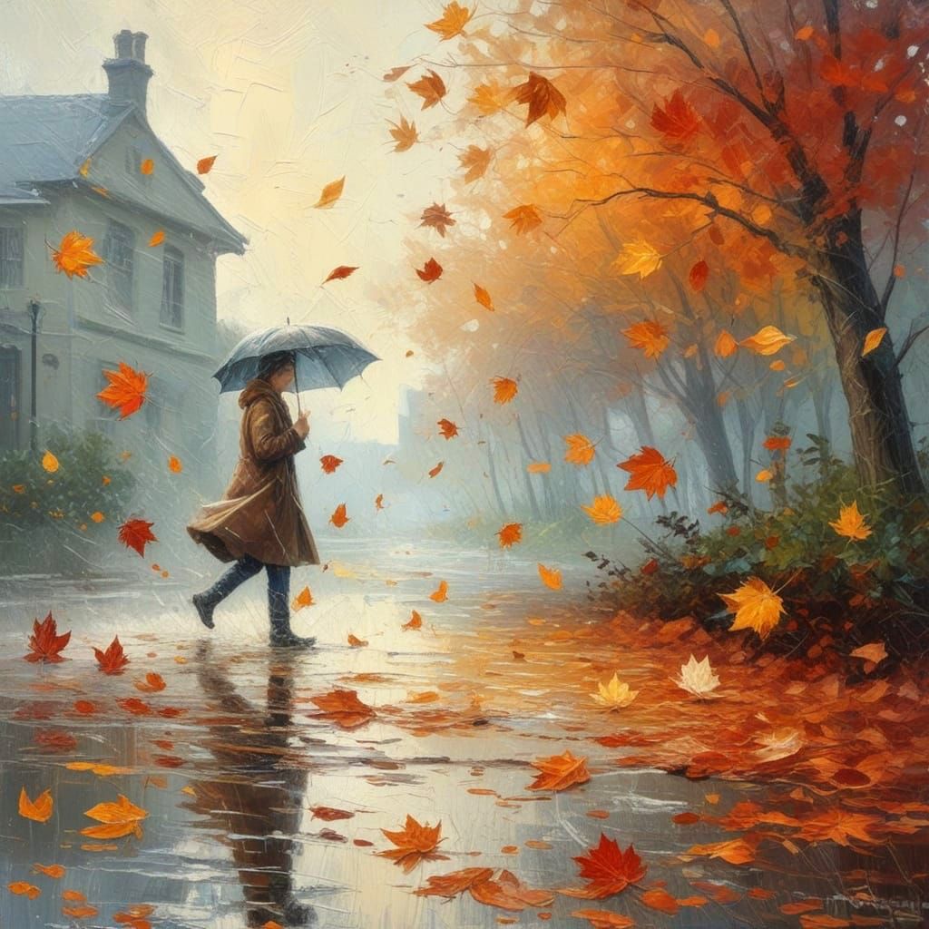 flying autumn leaves in a storm