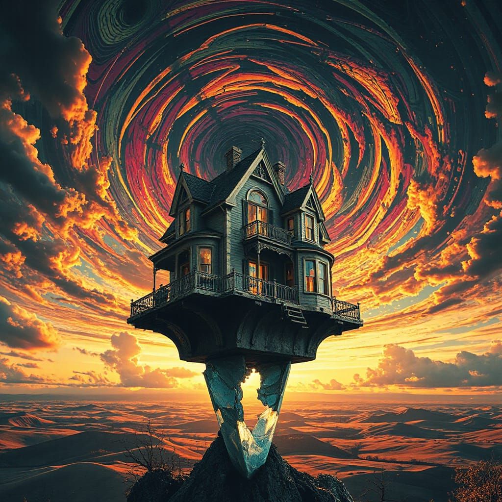 Ego's Precarious House on Glass Needle in Swirling Sky
