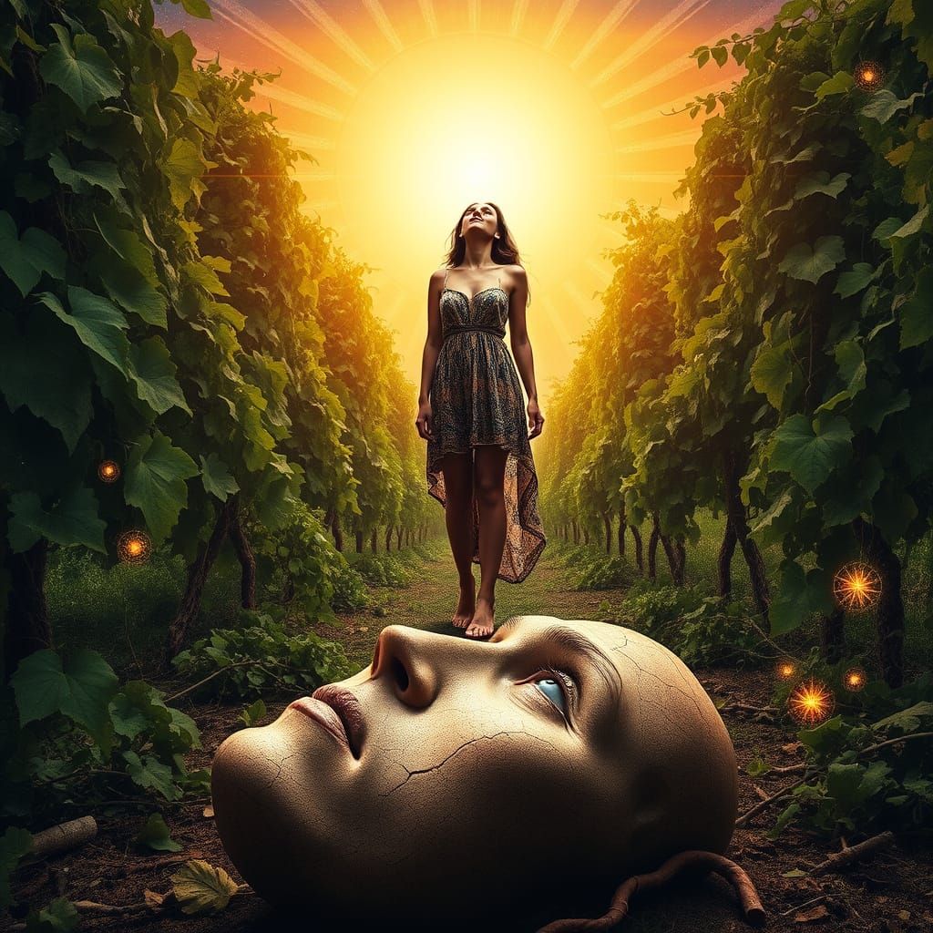 Ethereal Woman Embodied as a Lush Vineyard in a Dreamlike St...