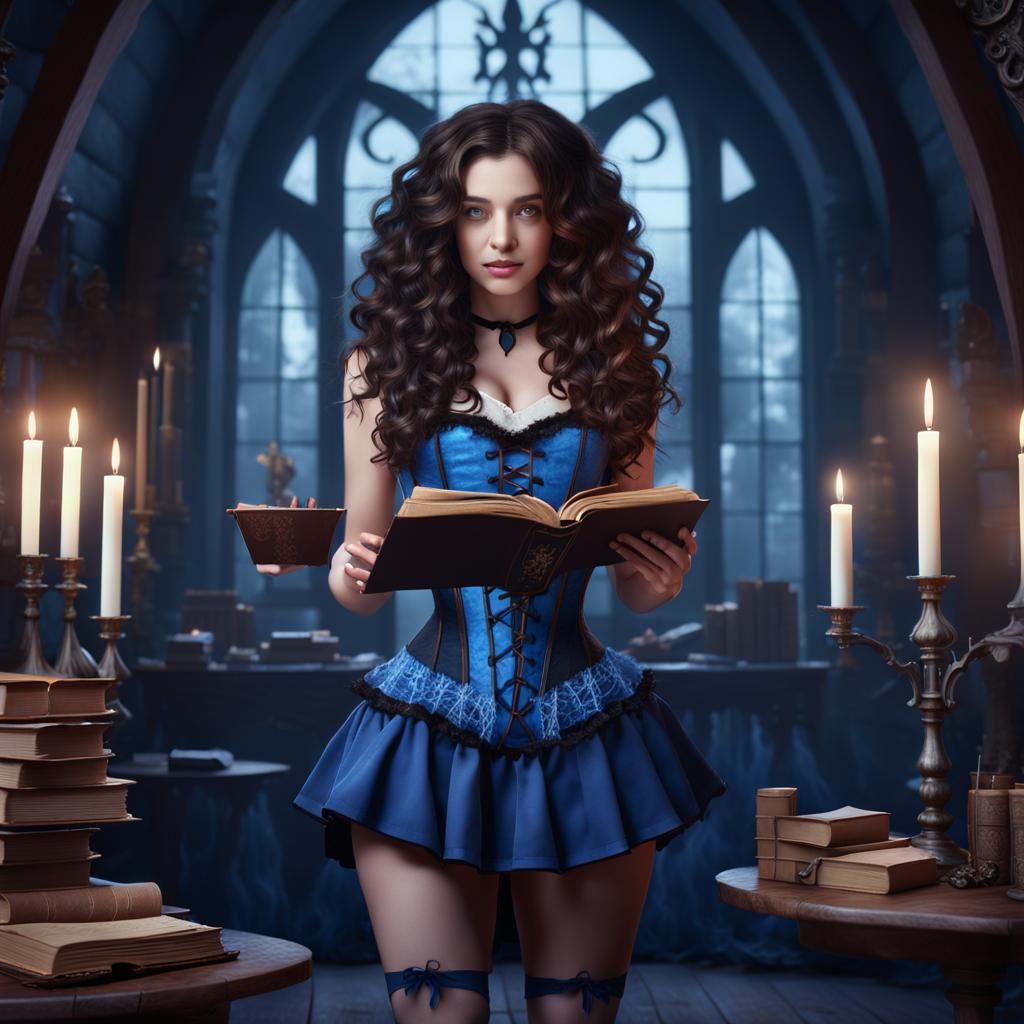 Young Witch Reading Spellbook in Gothic House