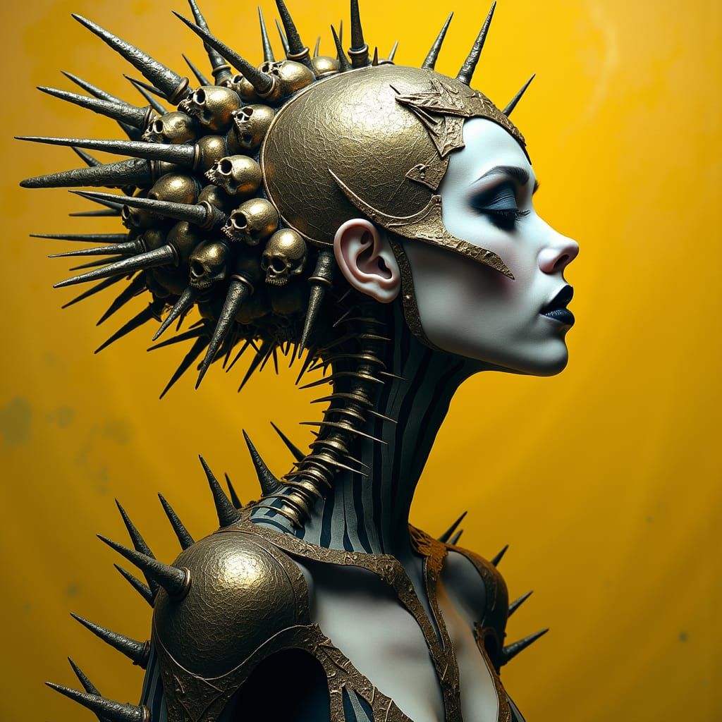 Surreal Portrait with Striped Neck and Skulls