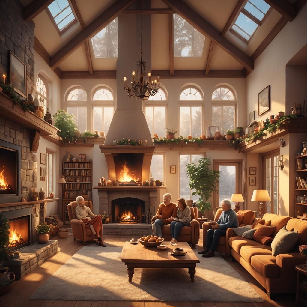 Cozy Family Gathering by Fireplace: Digital Matte Painting