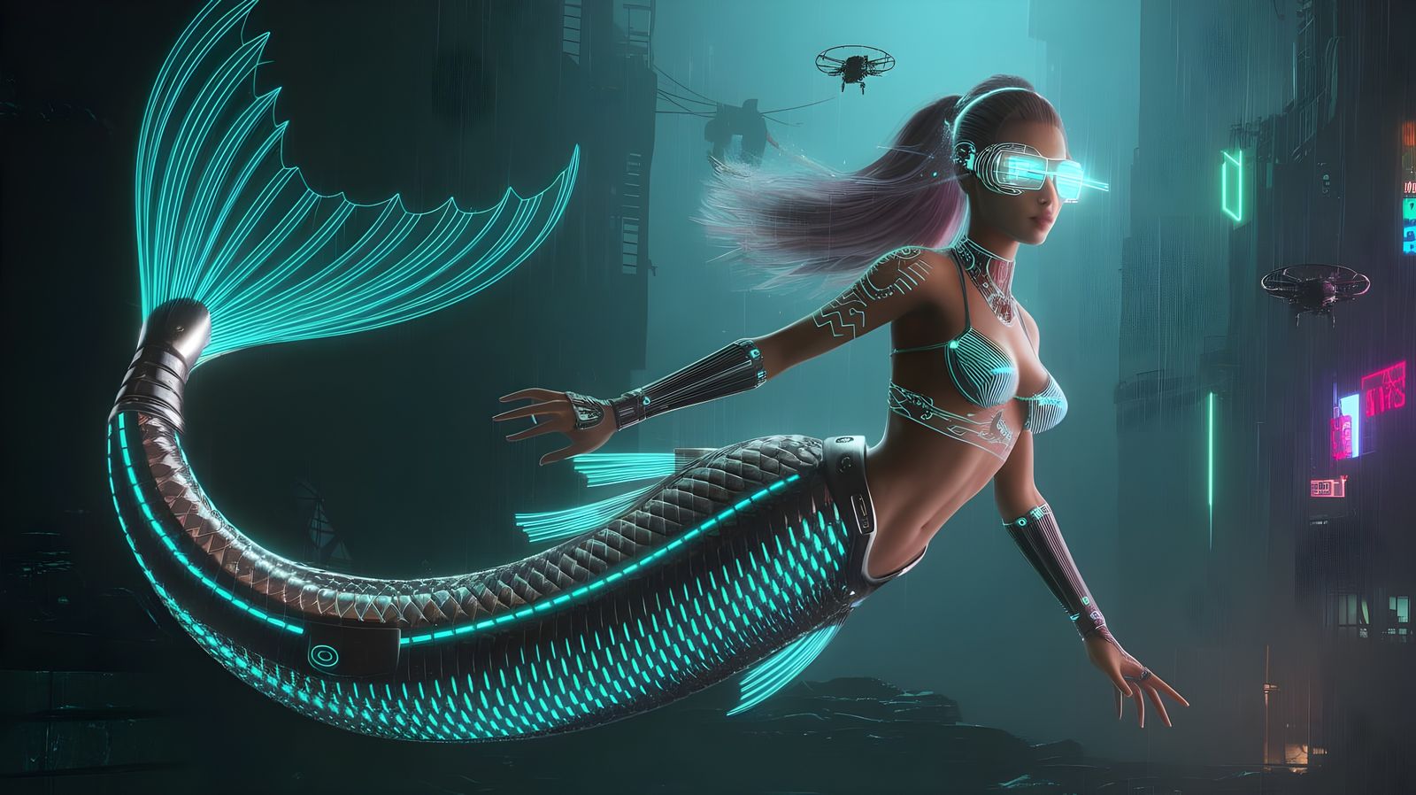Cyberpunk Mermaid with Bioluminescent Scales in Dystopian Ci...