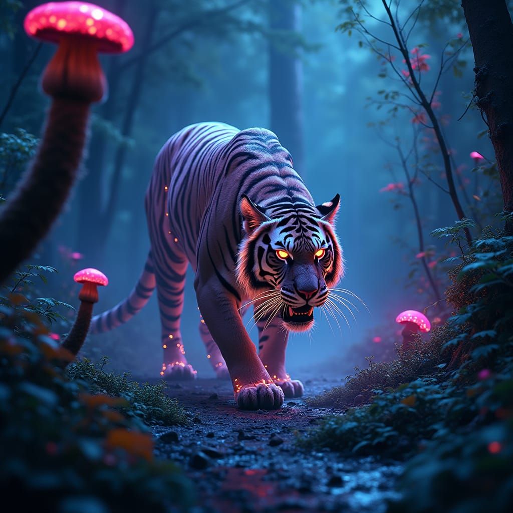 Bioluminescent Tiger in Alien Jungle, Matte Painting