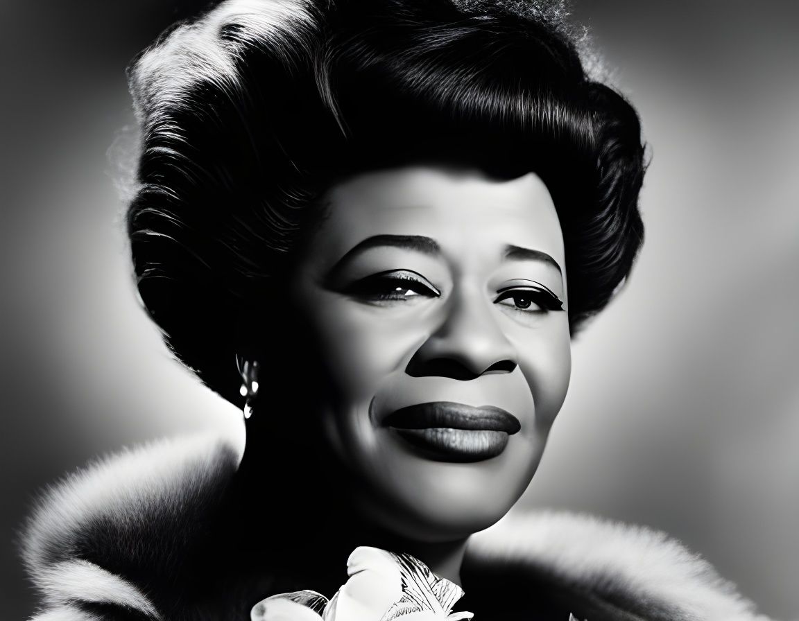 Ella Fitzgerald in the '60's  the Lady of jazz, black and white photography.