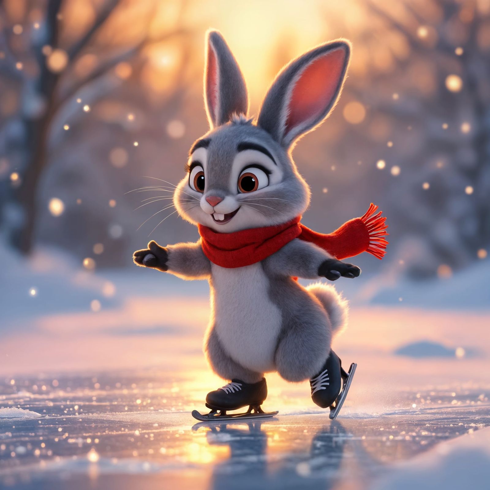 Pixar-Style Bunny Figure Skating on Frozen Pond