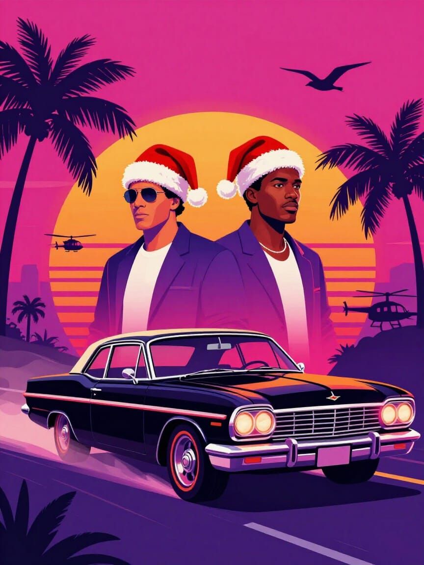 Miami Vice Synthwave Poster with Santa Hats