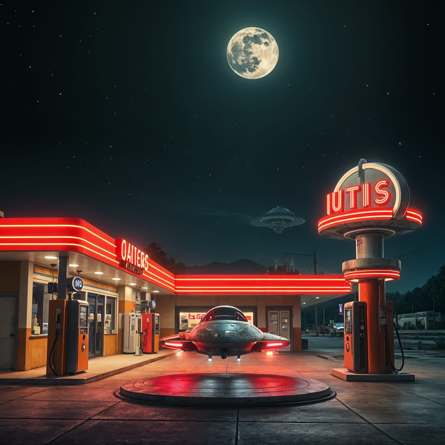 Alien-Themed Gas Station with Spaceship Landing