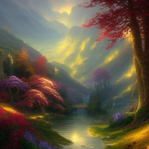 Sorceress and Dragon in Misty Field, Fantasy Art